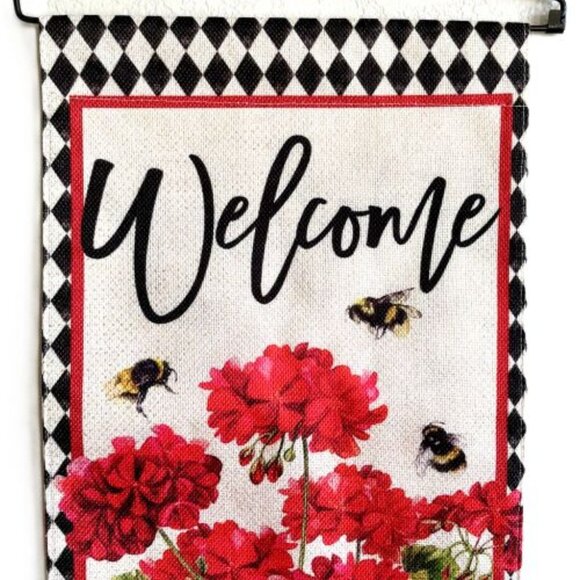 12x18 Double-sided Vibrant Red Geraniums Bees Welcome Garden Flag Yard Decor New - Picture 1 of 5
